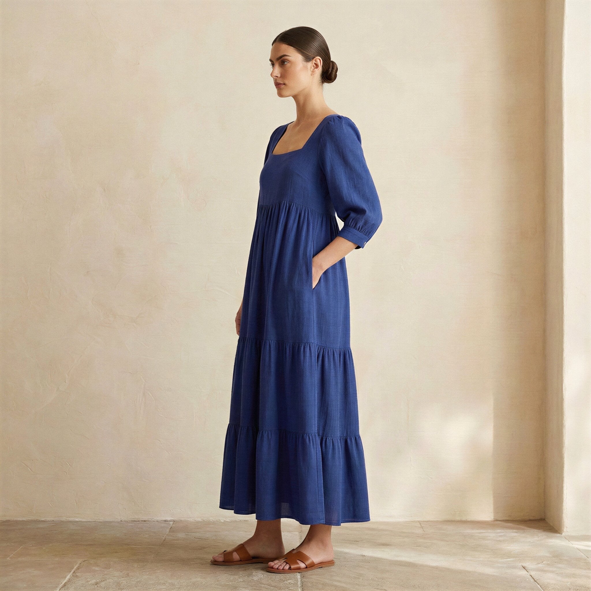 Blue Cotton Poplin Square Neck Tiered Midi Dress