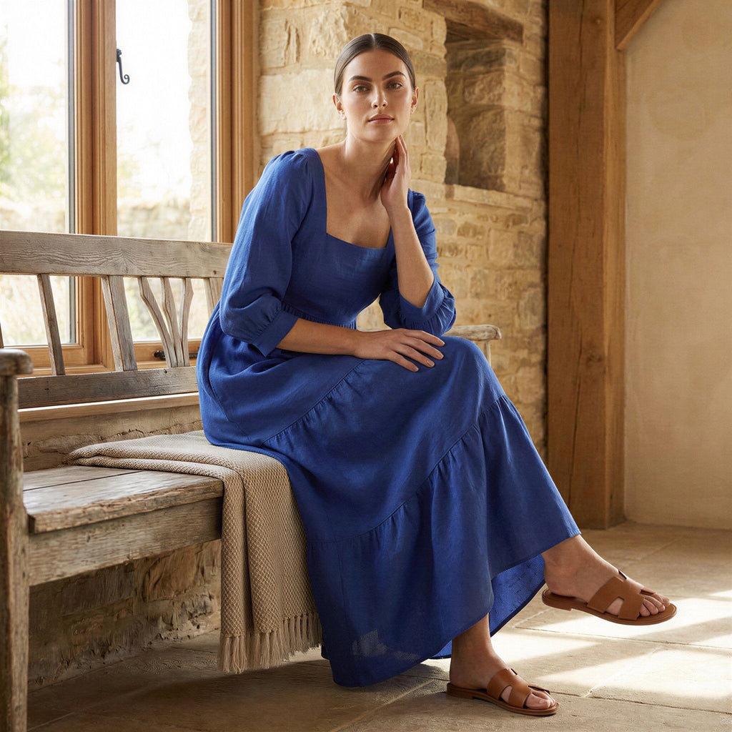 Blue Cotton Poplin Square Neck Tiered Midi Dress