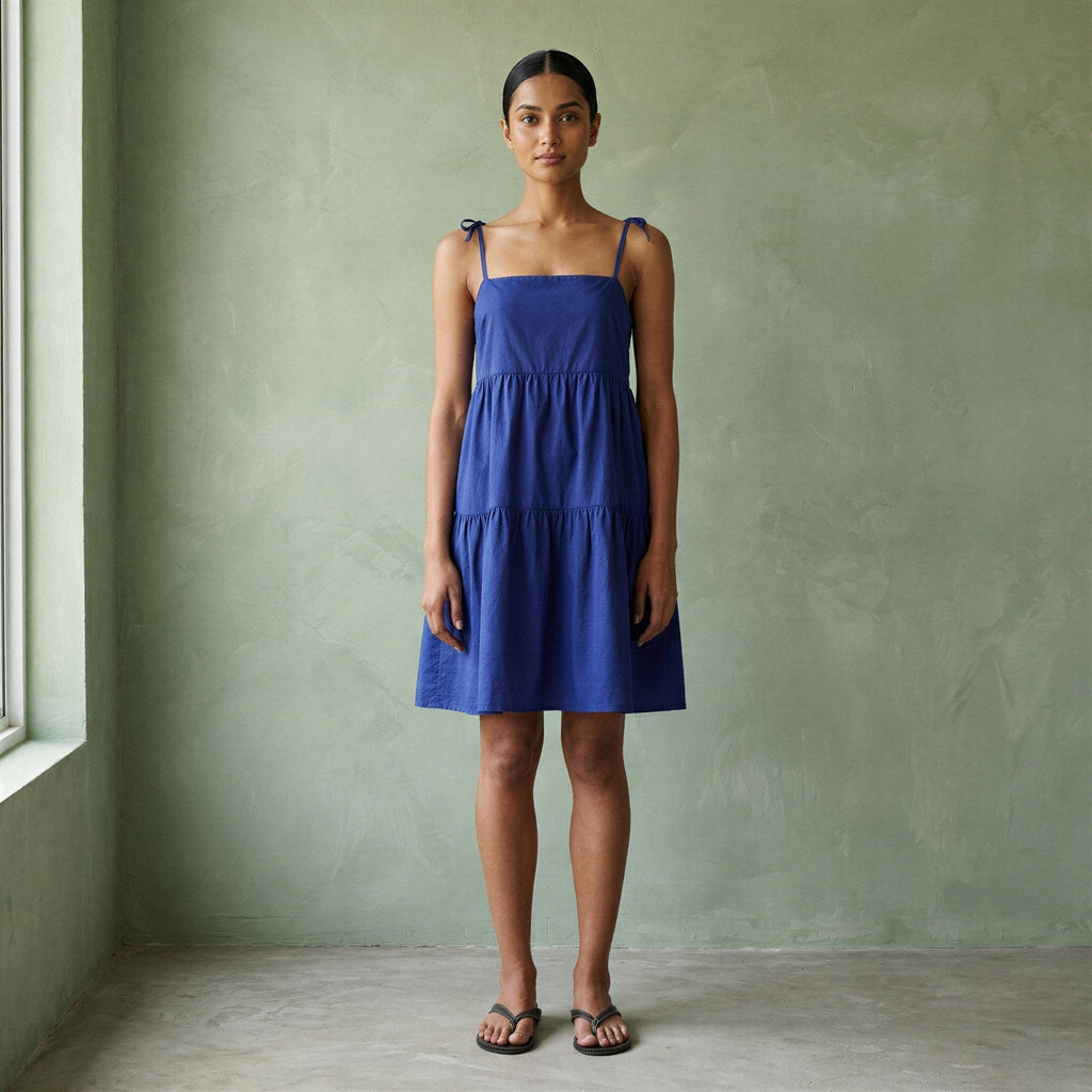 Blue Cotton Poplin Tie-Strap Tiered Short Sundress