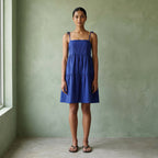 Blue Cotton Poplin Tie-Strap Tiered Short Sundress