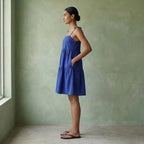 Blue Cotton Poplin Tie-Strap Tiered Short Sundress