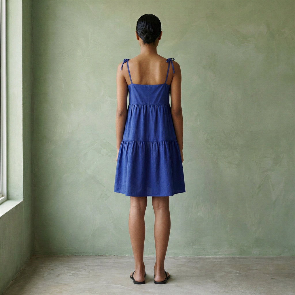 Blue Cotton Poplin Tie-Strap Tiered Short Sundress