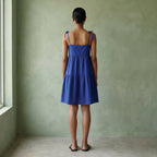 Blue Cotton Poplin Tie-Strap Tiered Short Sundress