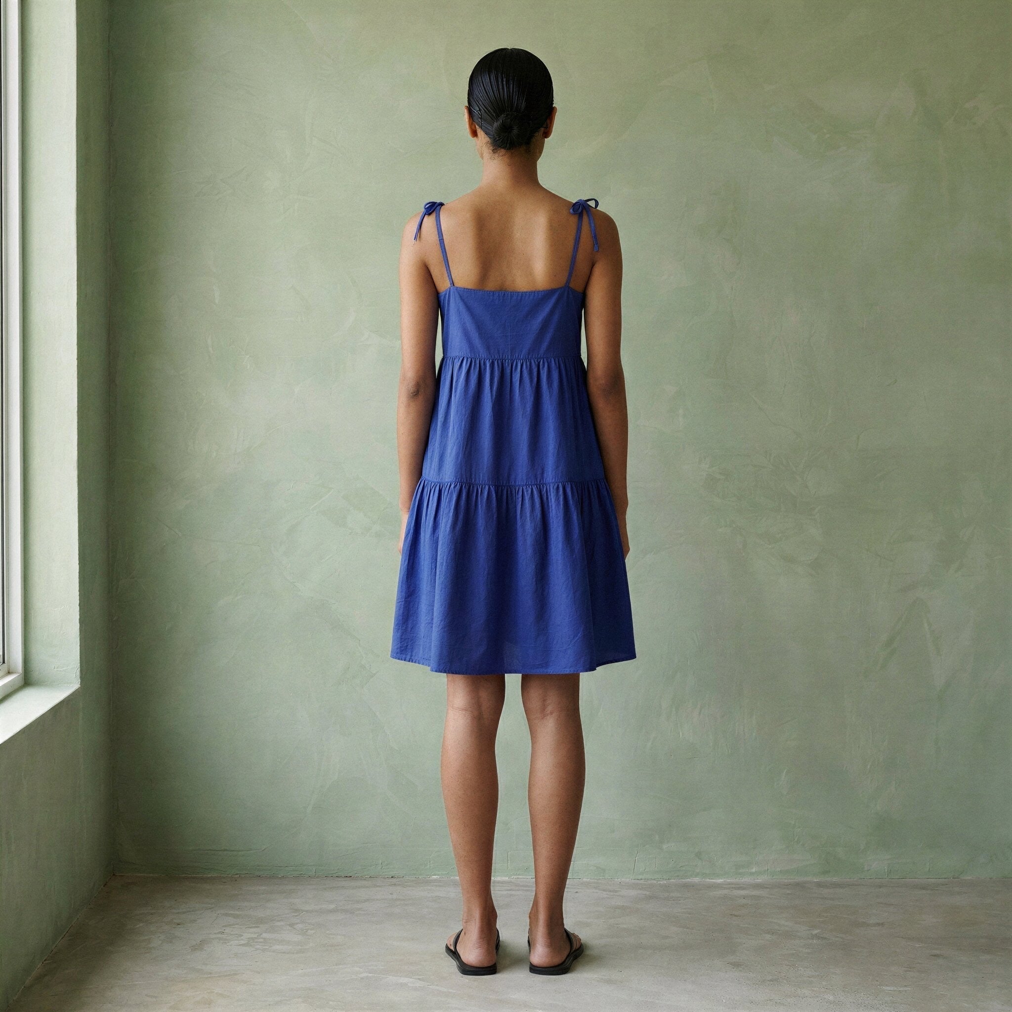 Blue Cotton Poplin Tie-Strap Tiered Short Sundress