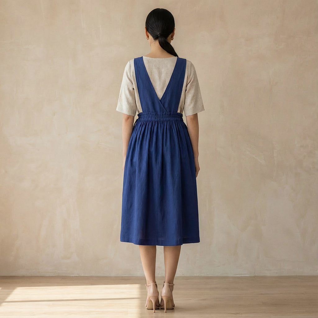 Blue Cotton Poplin V-Neck Pinafore Midi Wrap Dress