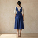 Blue Cotton Poplin V-Neck Pinafore Midi Wrap Dress