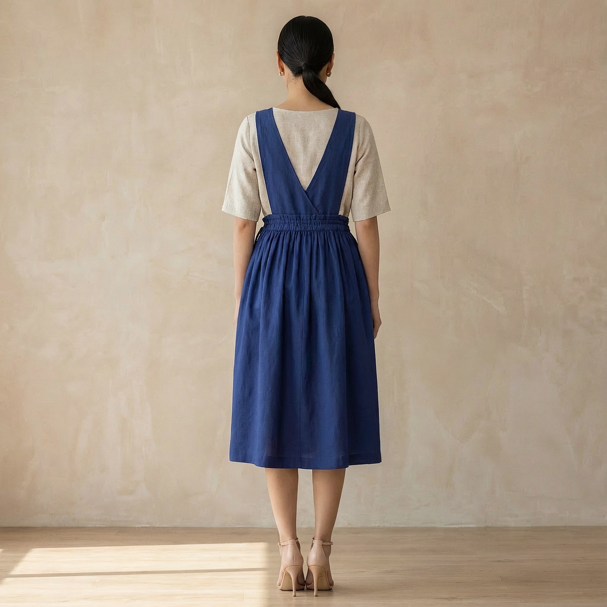 Blue Cotton Poplin V-Neck Pinafore Midi Wrap Dress