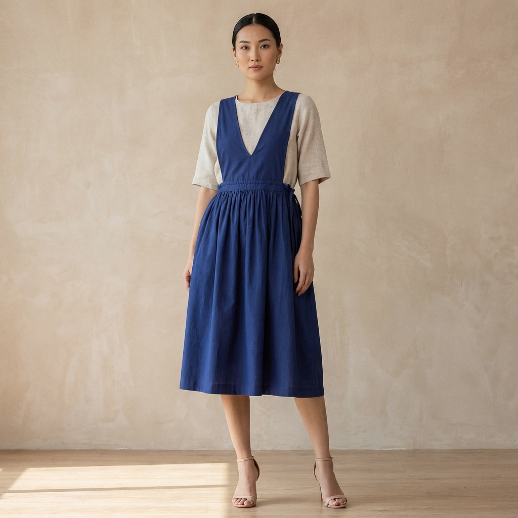 Blue Cotton Poplin V-Neck Pinafore Midi Wrap Dress