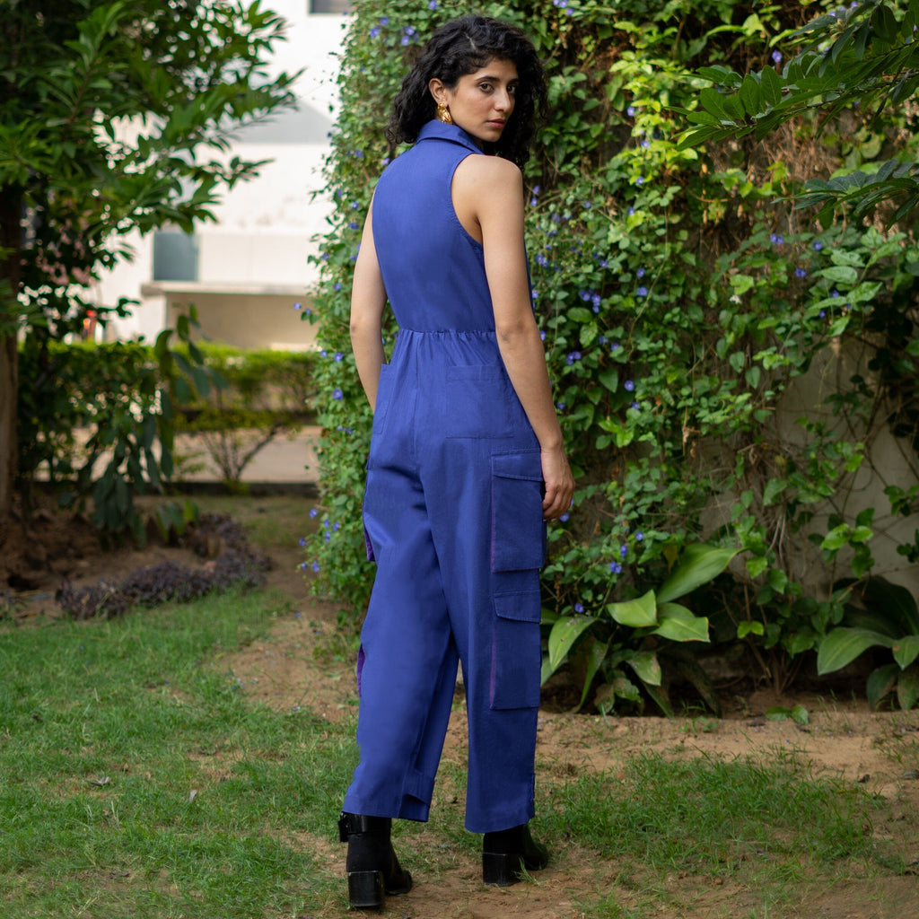 Blue Cotton Poplin V-Neck Sleeveless Cargo Jumpsuit