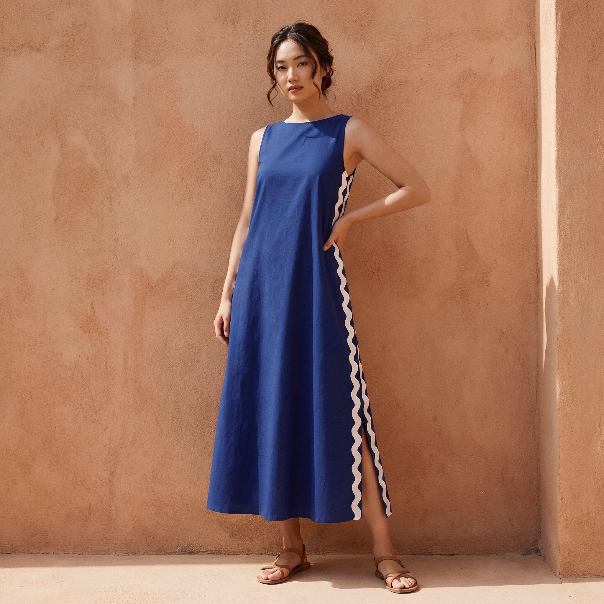 Blue Cotton Poplin Wavy Stripe Maxi Shift Dress