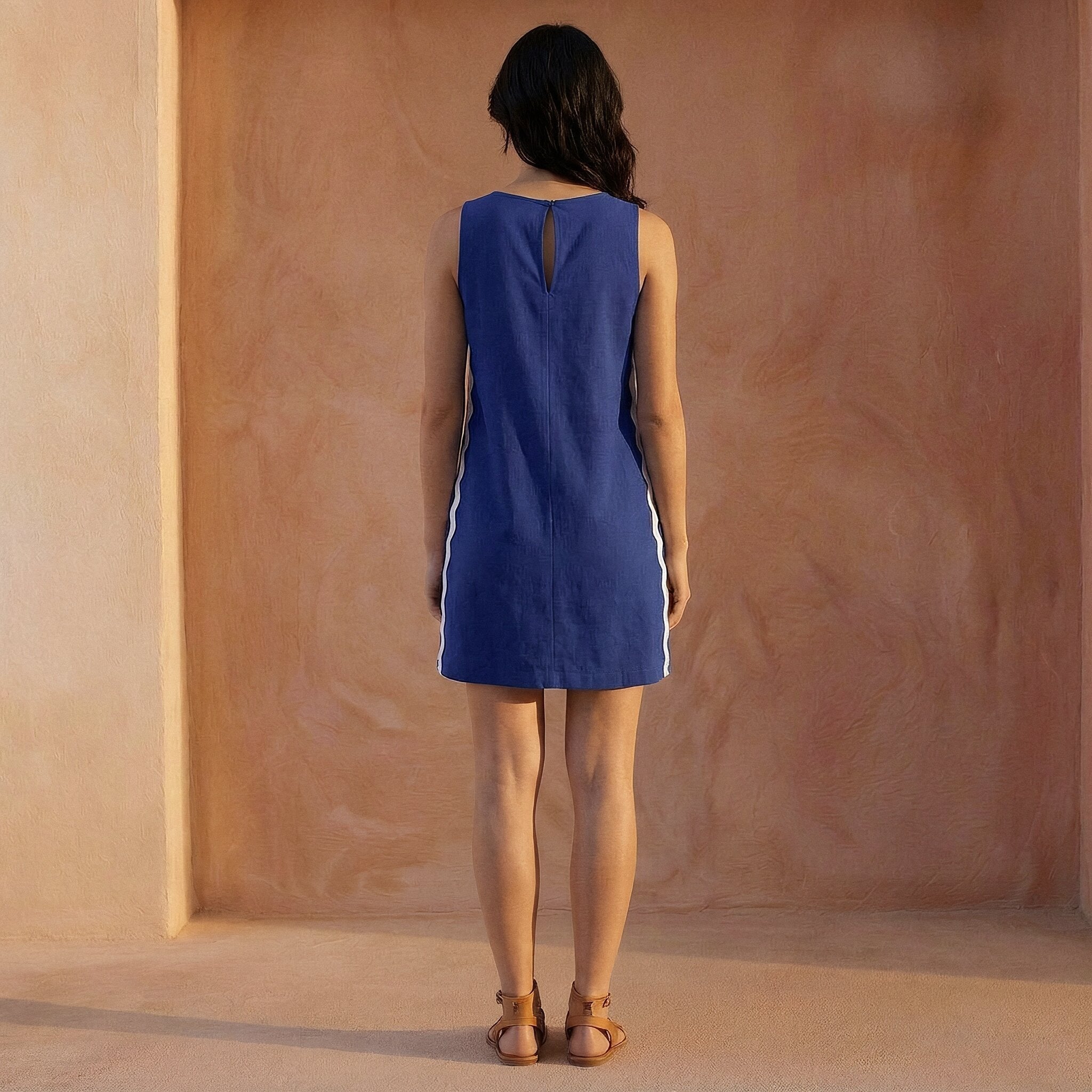 Blue Cotton Poplin Wavy Stripe Short Shift Dress