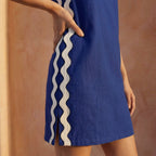 Blue Cotton Poplin Wavy Stripe Short Shift Dress