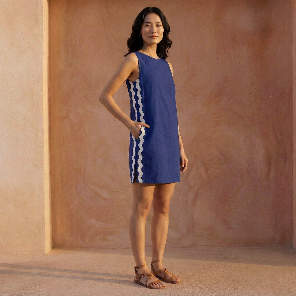 Blue Cotton Poplin Wavy Stripe Short Shift Dress