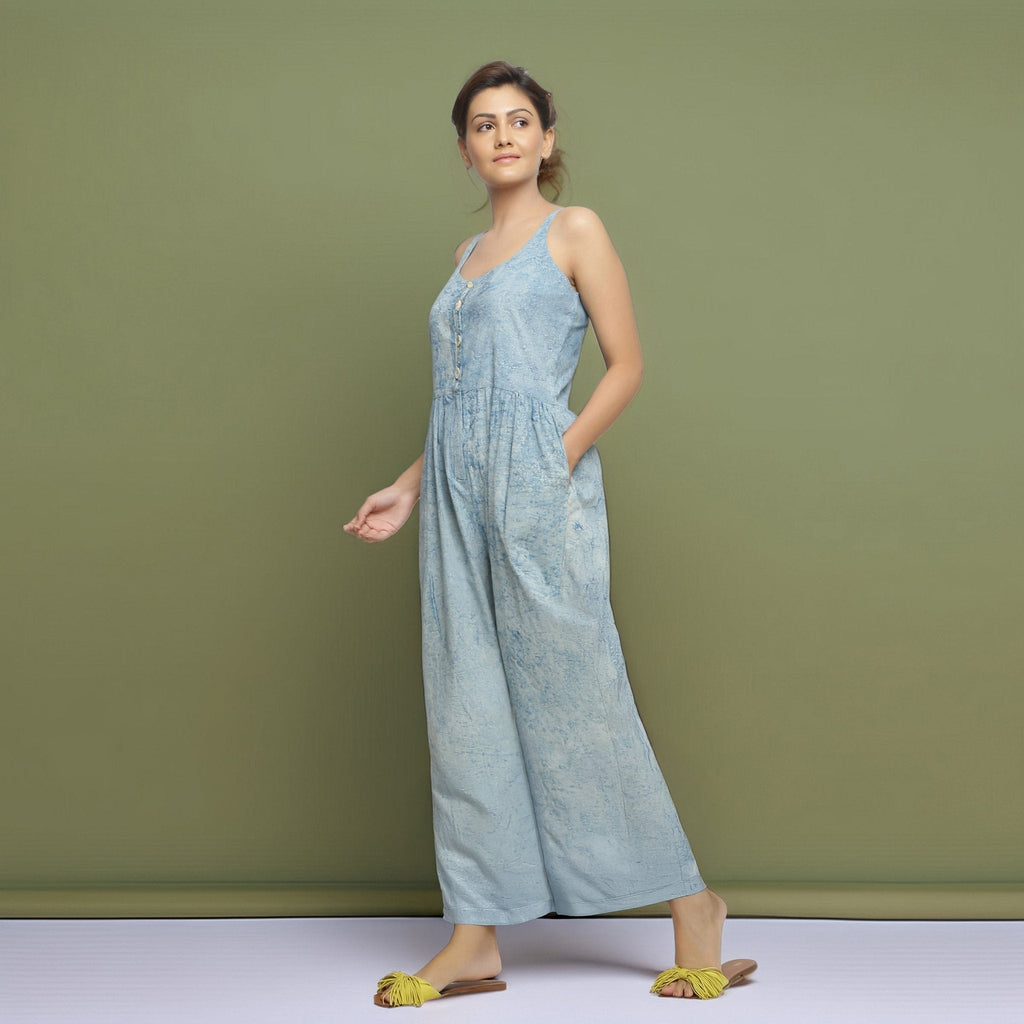 Blue Dabu Print Natural-Dyed Cotton Jumpsuit
