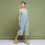 Blue Dabu Print Natural Dyed Cotton Midi Jumpsuit