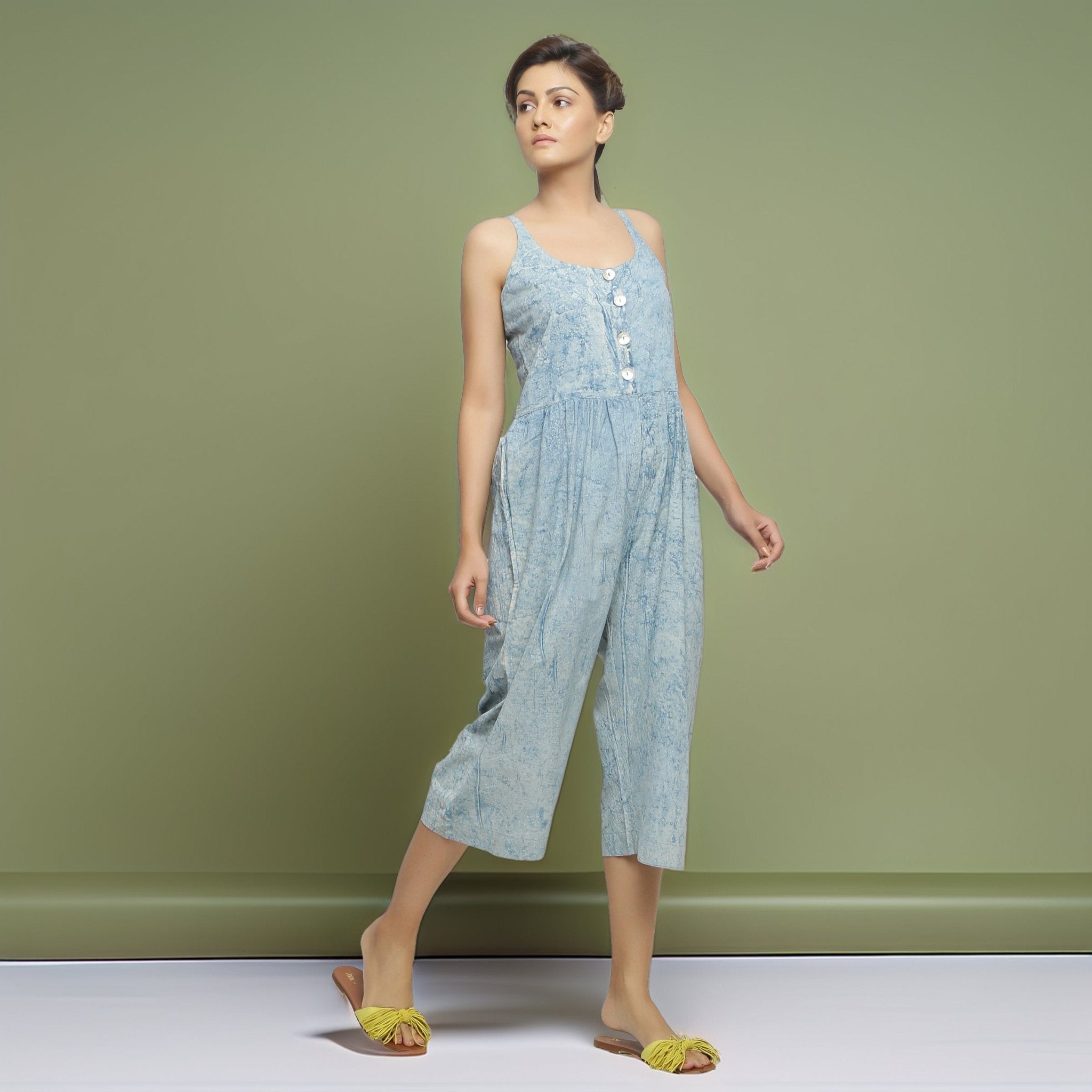 Blue Dabu Print Natural Dyed Cotton Midi Jumpsuit