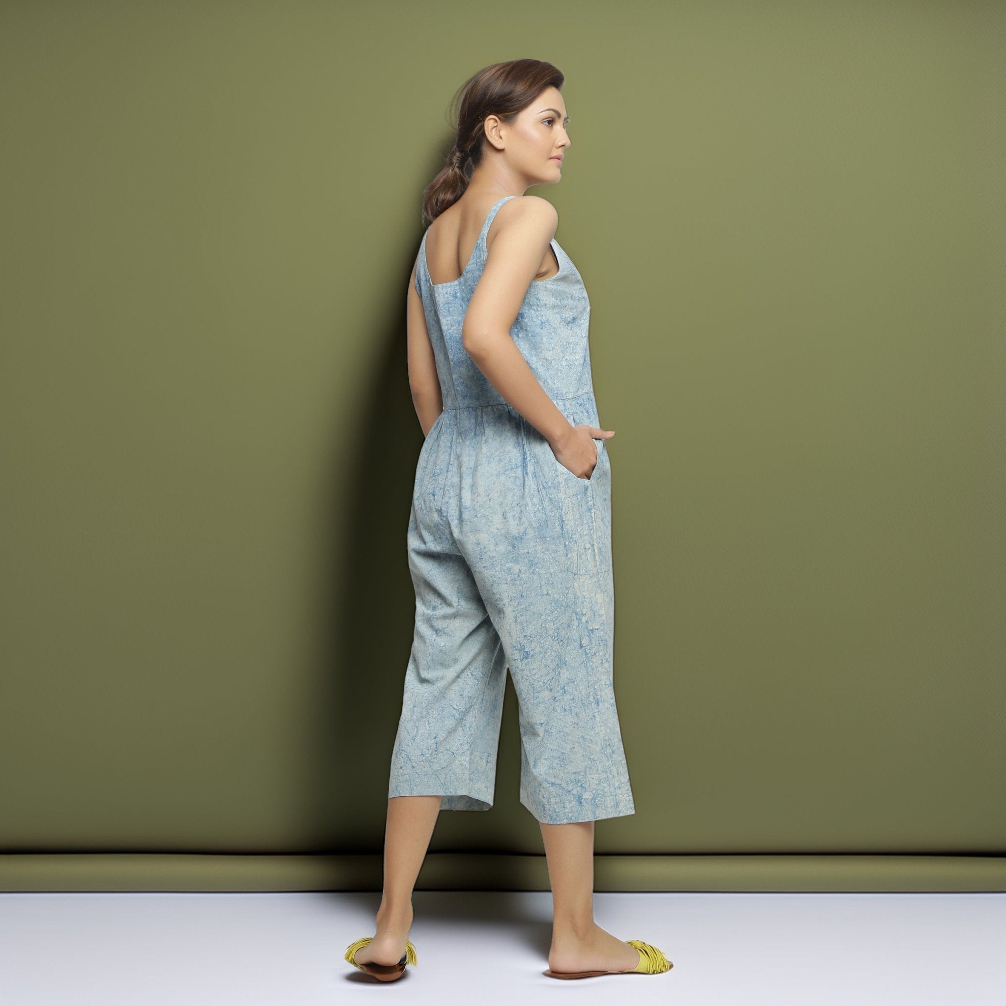 Blue Dabu Print Natural Dyed Cotton Midi Jumpsuit