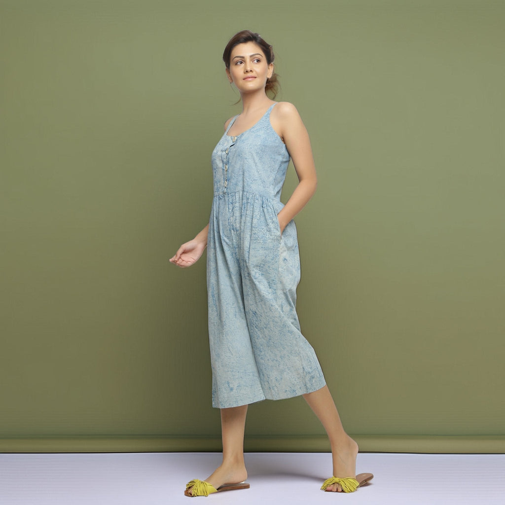 Blue Dabu Print Natural Dyed Cotton Midi Jumpsuit