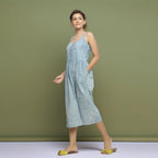 Blue Dabu Print Natural Dyed Cotton Midi Jumpsuit