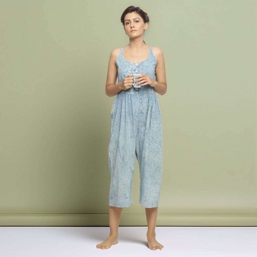 Blue Dabu Print Natural Dyed Cotton Midi Jumpsuit