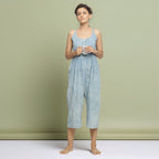 Blue Dabu Print Natural Dyed Cotton Midi Jumpsuit