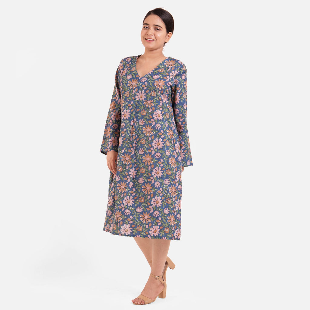 Front View of a Model wearing Blue Block Print Floral Cotton Knee Length Dress
