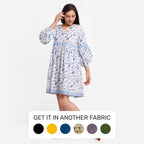 Front View of a Model wearing Blue Floral Fit and Flare Cotton Dress