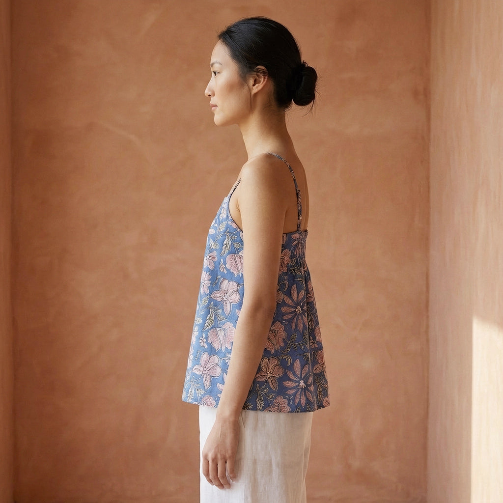 Blue Floral Block Printed Cotton Spaghetti Strap Top with Elastic Gathered Back