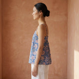 Blue Floral Block Printed Cotton Spaghetti Strap Top with Elastic Gathered Back