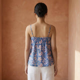 Blue Floral Block Printed Cotton Spaghetti Strap Top with Elastic Gathered Back