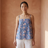 Blue Floral Block Printed Cotton Spaghetti Strap Top with Elastic Gathered Back
