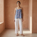 Blue Floral Block Printed Cotton Spaghetti Strap Top with Elastic Gathered Back
