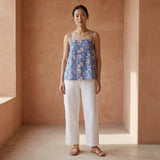 Blue Floral Block Printed Cotton Spaghetti Strap Top with Elastic Gathered Back