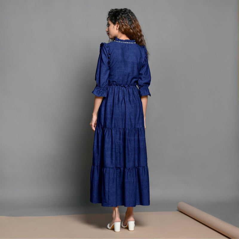Blue Hand-Beaded Handspun Cotton Boho Maxi Dress