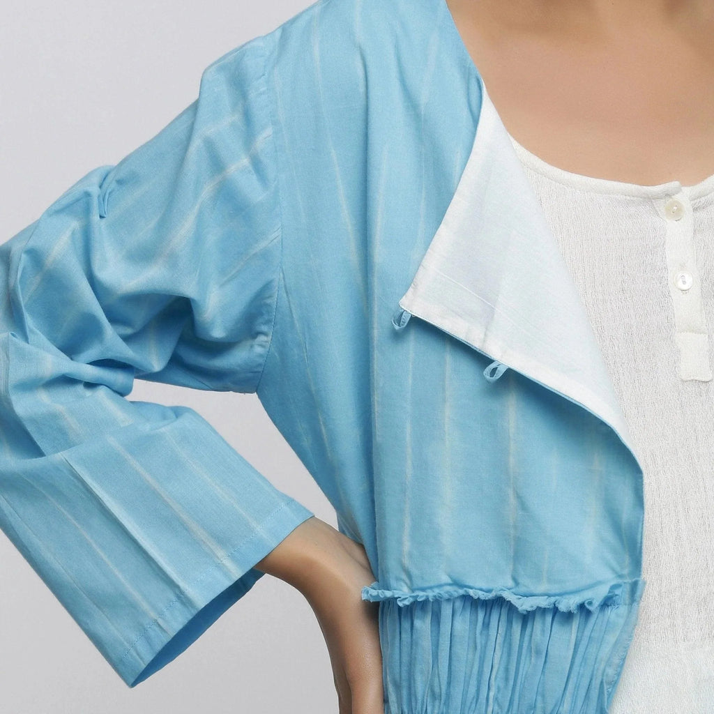 Front Detail of a Model wearing Blue Hand Tie-Dye Cotton Asymmetrical Outerwear