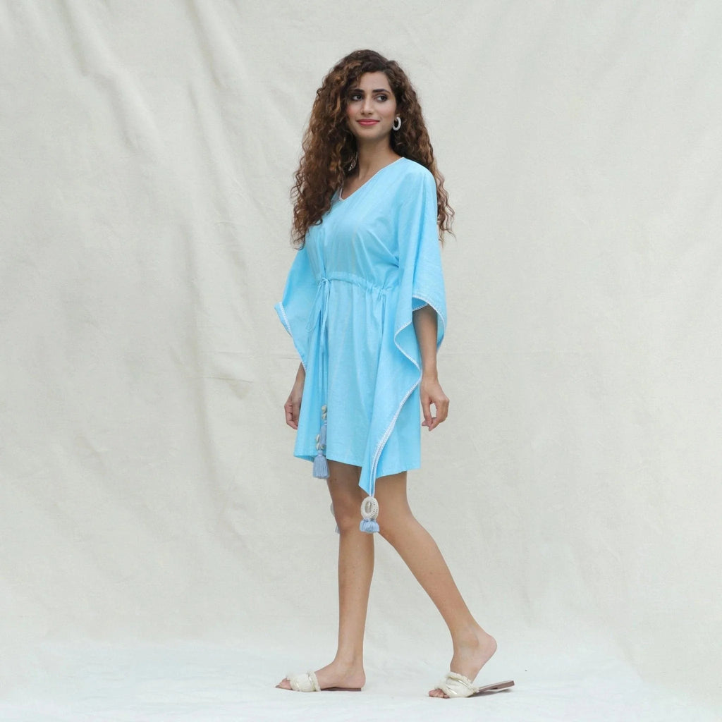 Left View of a Model wearing Blue Hand Tie-Dye Cotton Short Kaftan Dress