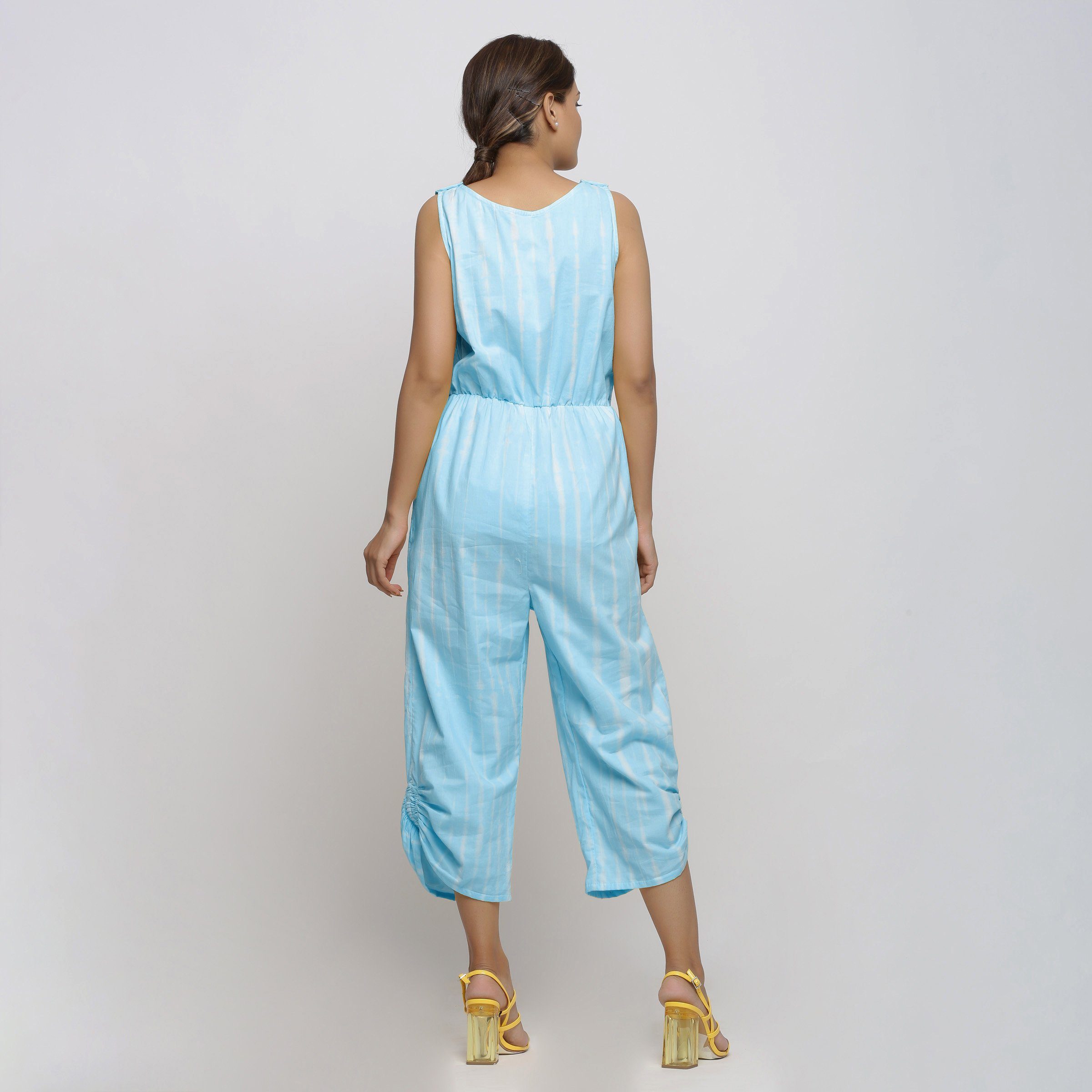 Back View of a Model wearing Blue Hand Tie Dyed Straight Jumpsuit