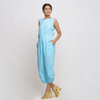 Front View of a Model wearing Blue Hand Tie Dyed Straight Jumpsuit