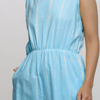 Front Detail of a Model wearing Blue Hand Tie Dyed Straight Jumpsuit