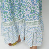 Close View of a Model wearing Blue Printed Flowy Paneled Skirt