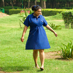 Blue Handspun 100% Cotton Short Safari Dress
