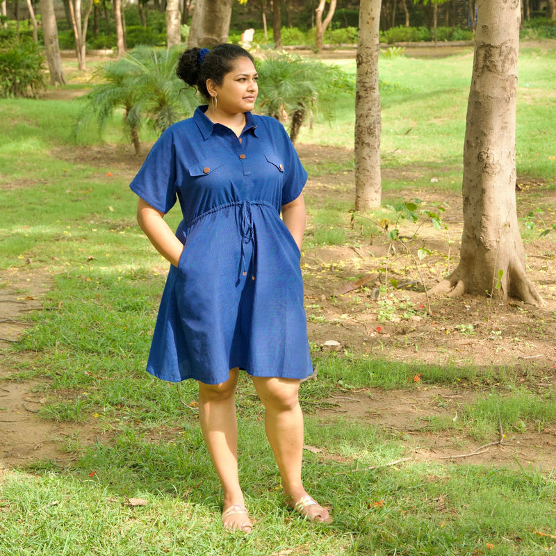 Blue Handspun 100% Cotton Short Safari Dress