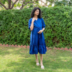 Blue Handspun Cotton A-Line Knee Length Pre and Post Maternity Dress