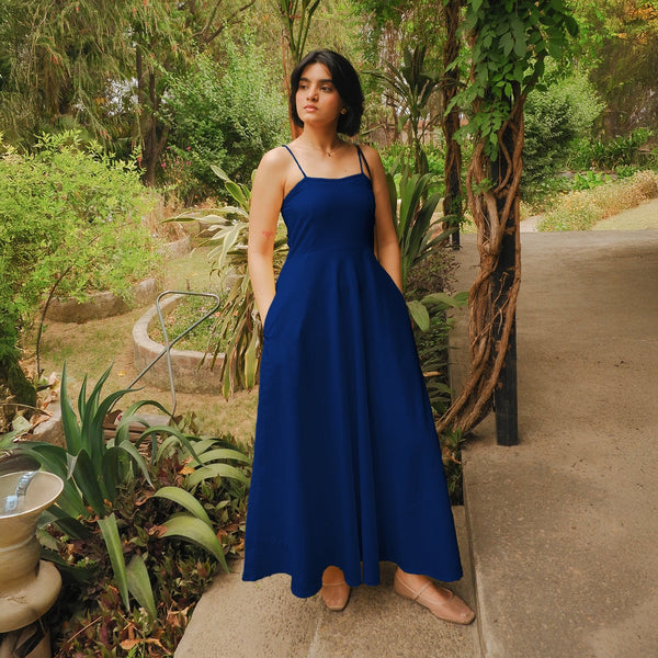 Blue Handspun Cotton Ankle Length Flared Sundress