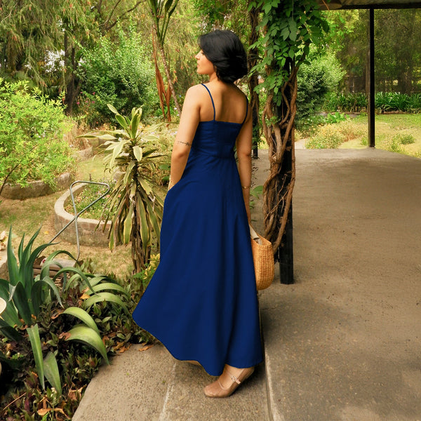 Blue Handspun Cotton Ankle Length Flared Sundress