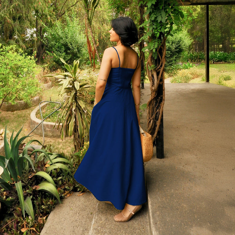 Blue Handspun Cotton Ankle Length Flared Sundress