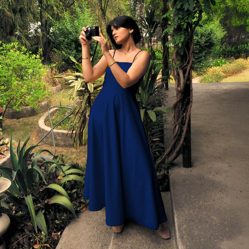 Blue Handspun Cotton Ankle Length Flared Sundress