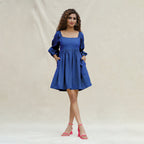 Blue Handspun Cotton Bohemian Gathered Short Dress