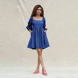Blue Handspun Cotton Bohemian Gathered Short Dress