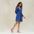 Blue Handspun Cotton Bohemian Gathered Short Dress